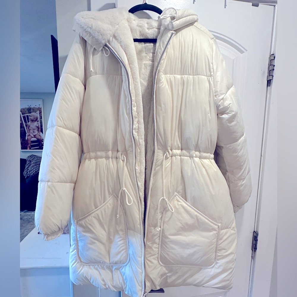 Off white Abercrombie size large faux fur lined jacket